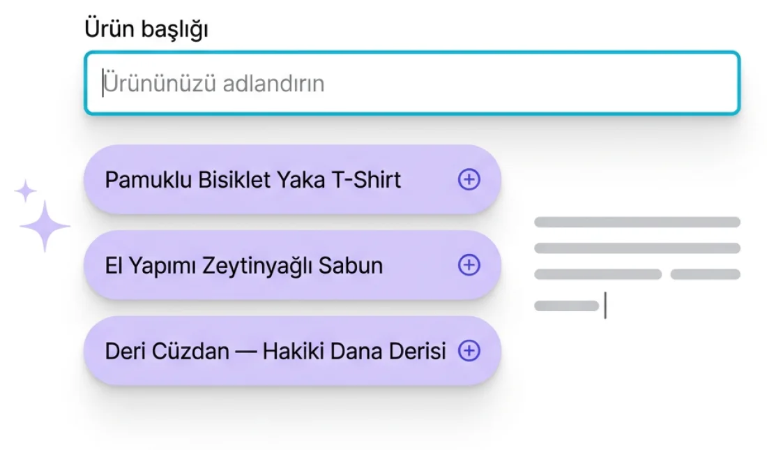 Ürün başlığı alanı için üç AI önerisi ve yazılan açıklama metni