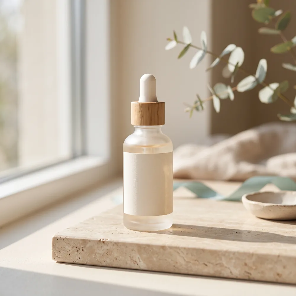 Cam serum şişesi, travertin taş üstünde doğal ışıkta