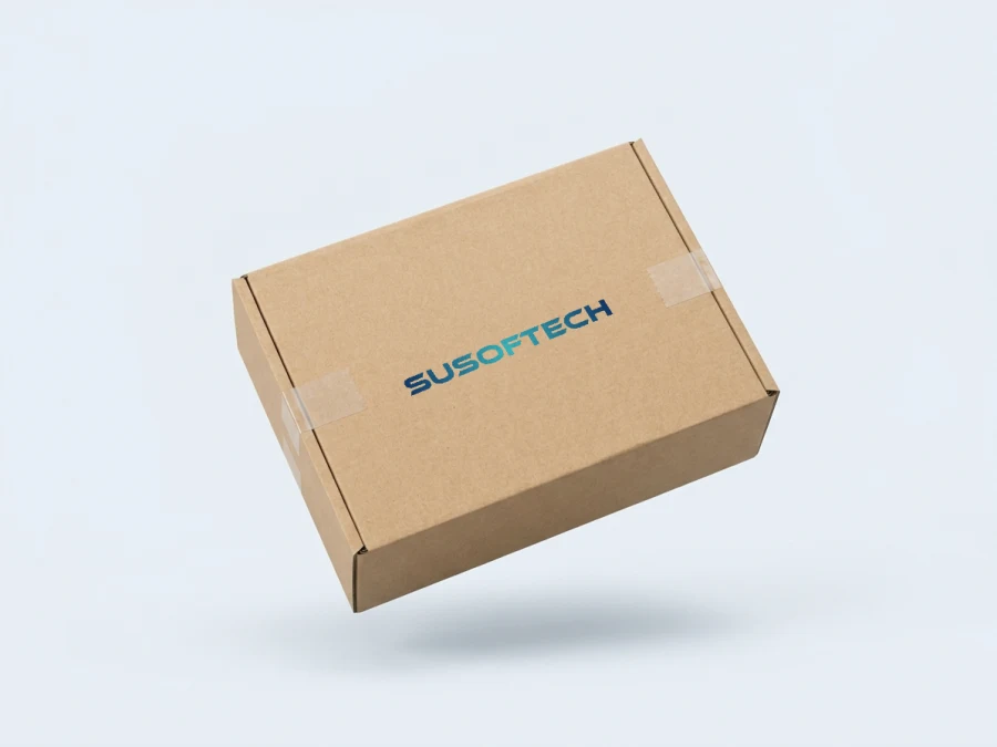 Üzerinde SUSOFTECH logosu basılı kraft kargo kutusu