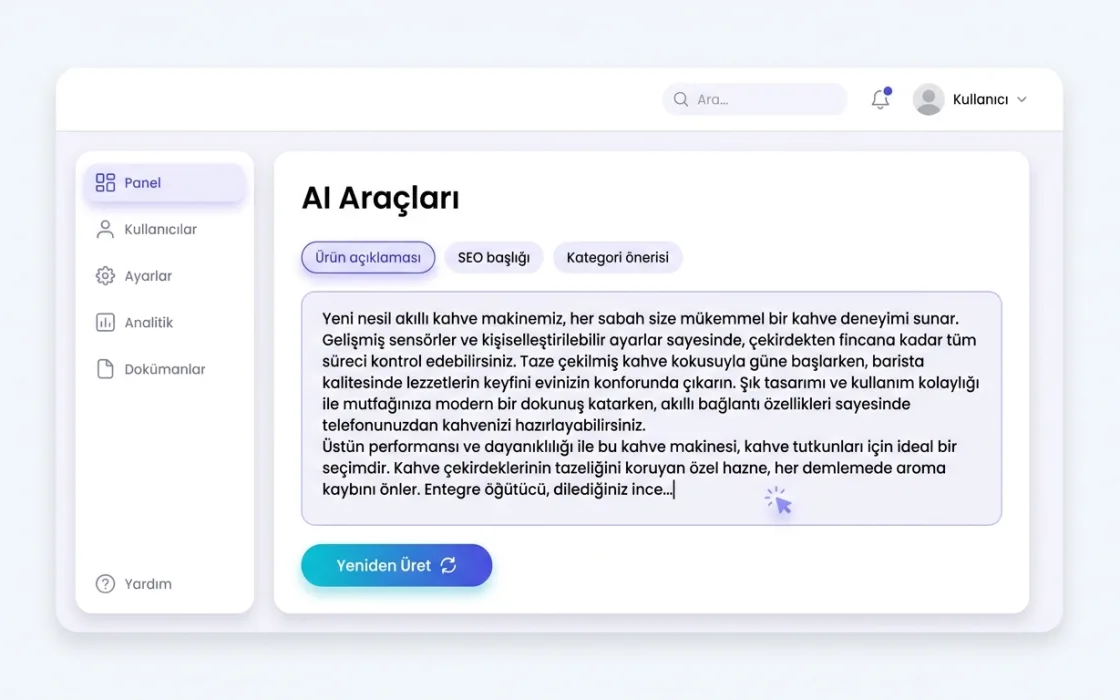 AI araçları ekranı: ürün açıklaması yapay zekâ ile yazılıyor