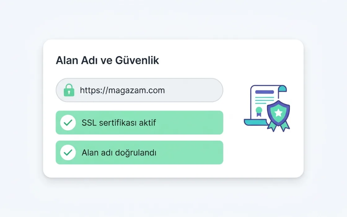 Alan adı ve güvenlik ekranı: magazam.com adresi, SSL sertifikası aktif