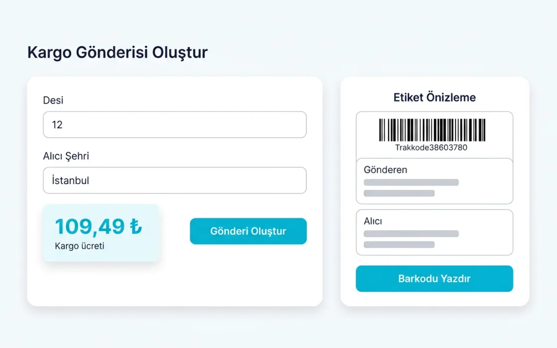 Kargo gönderisi oluşturma ekranı: 109,49 ₺ kargo ücreti ve barkodlu etiket