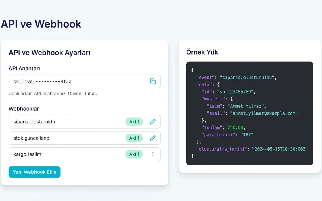 API ve webhook ekranı: maskeli API anahtarı ve webhook listesi