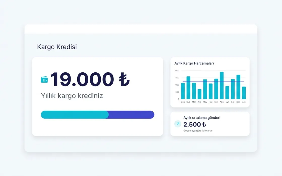 Kargo kredisi ekranı: 19.000 ₺ yıllık kredi ve aylık harcama grafiği