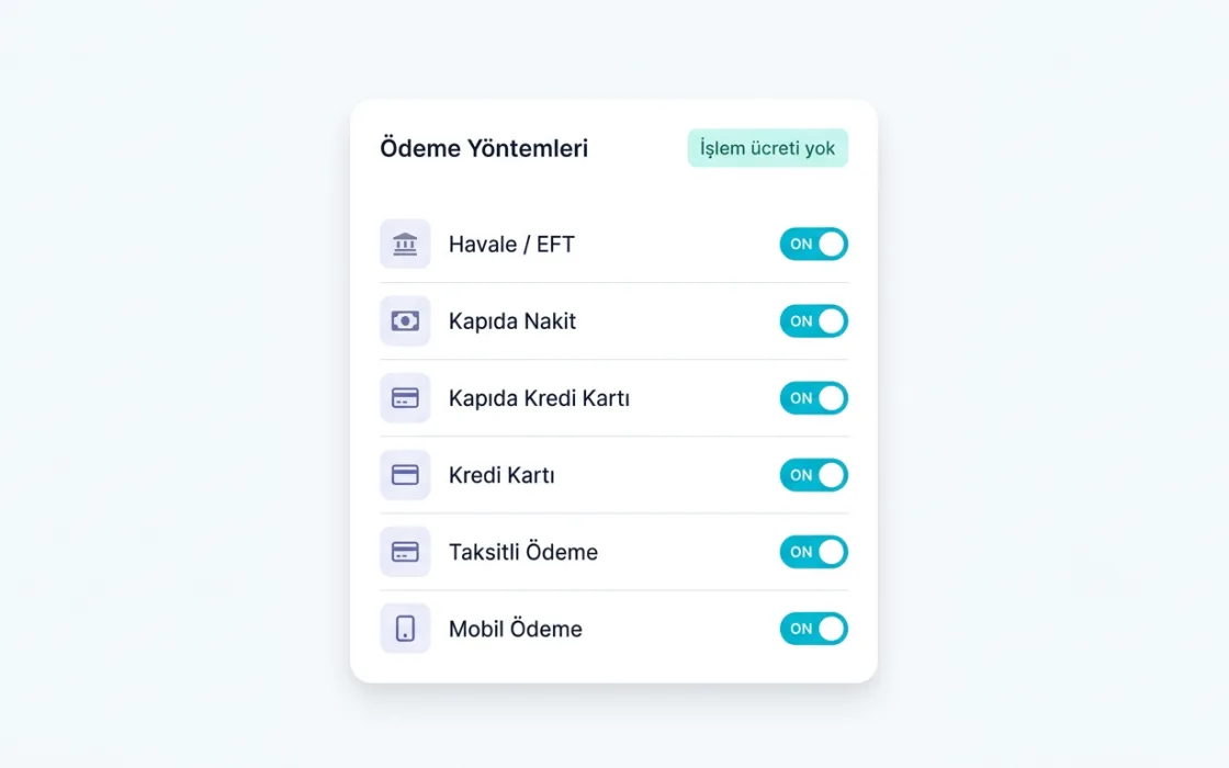Ödeme yöntemleri ekranı: havale, kapıda ödeme ve kart seçenekleri açık