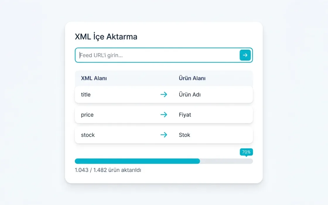 XML içe aktarma ekranı: alan eşleştirme tablosu ve aktarım ilerlemesi