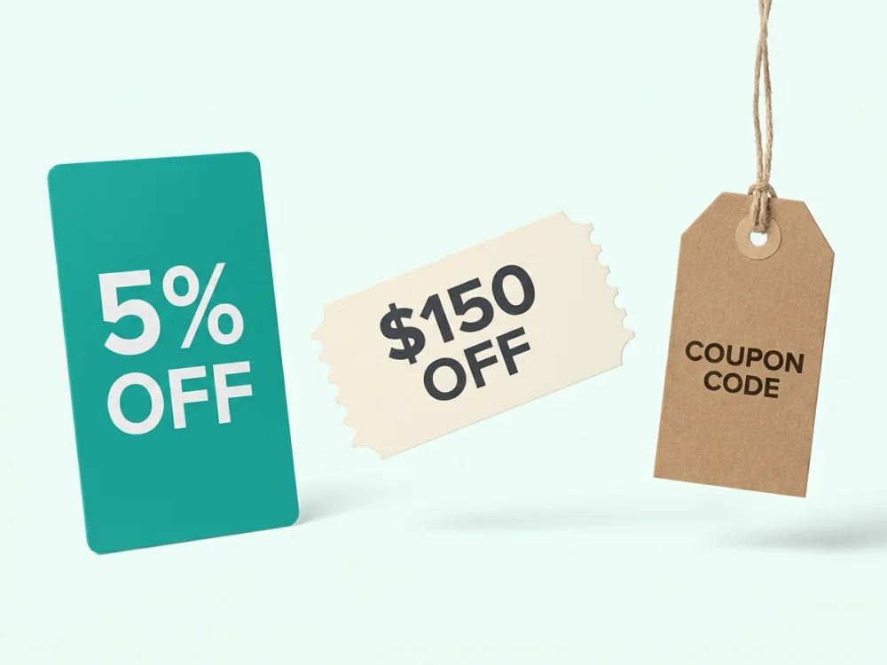 A card reading 5% off, a $150 discount coupon and a coupon code tag