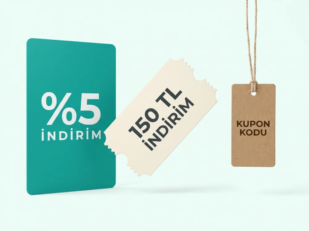 Üzerinde yüzde 5 indirim yazan turkuaz kart, 150 TL indirim kuponu ve kupon kodu etiketi