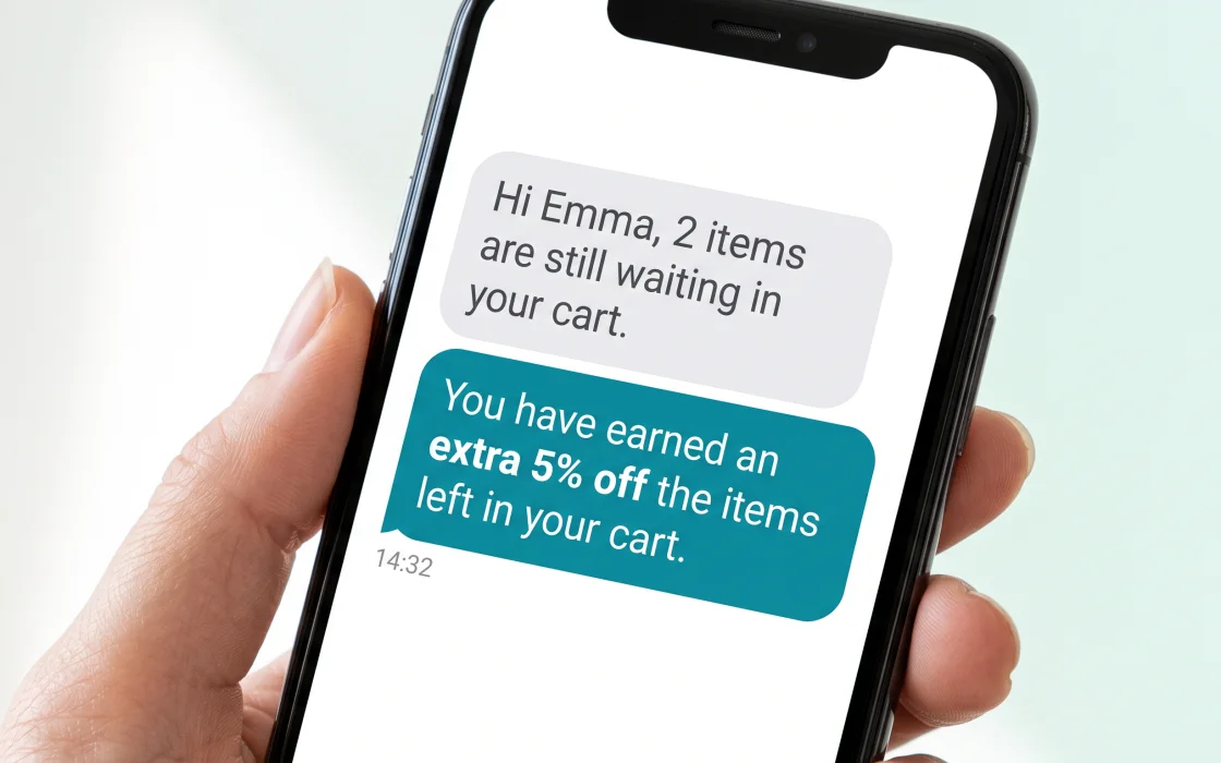 An English cart reminder message with an extra discount on a phone screen