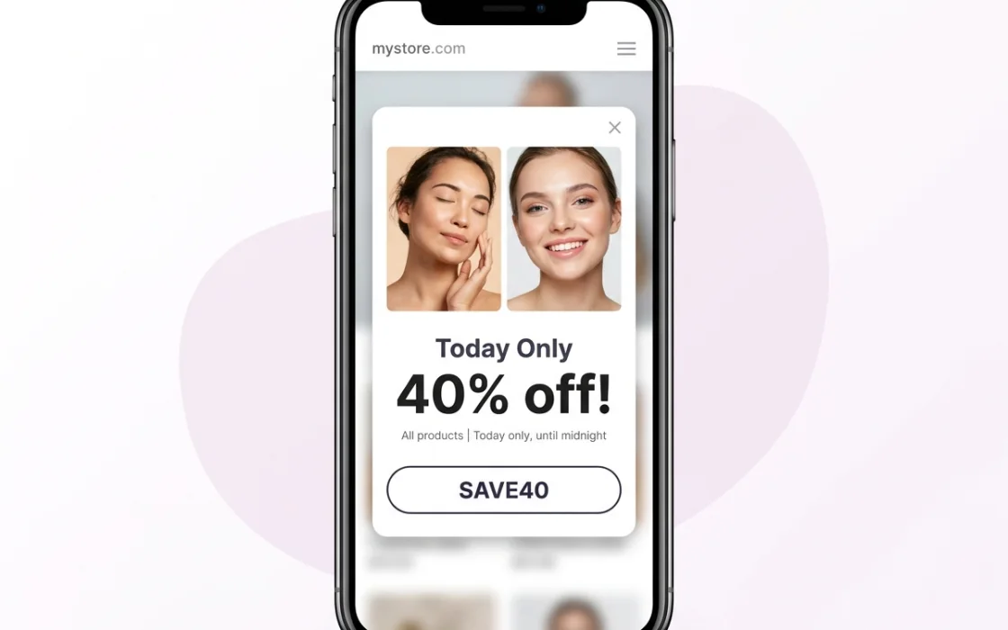 A 40% off popup opened over an online store page