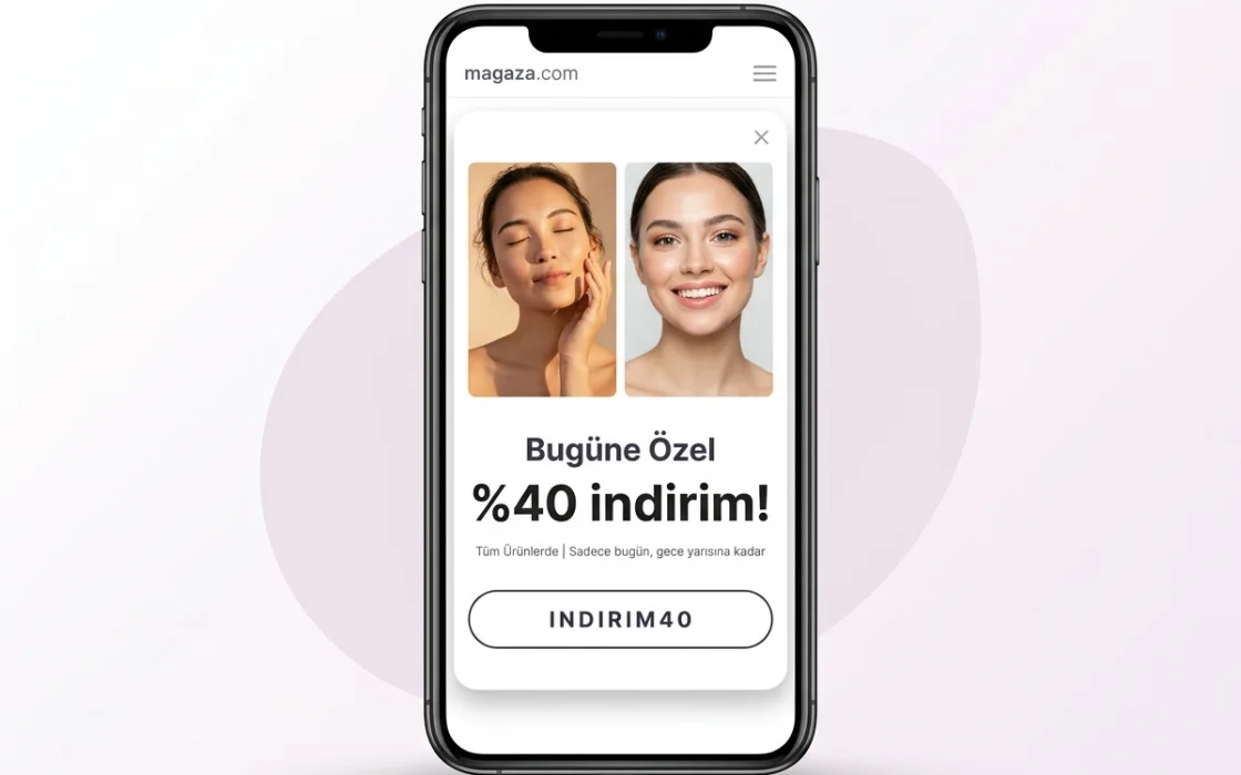 Mağaza sayfası üzerinde açılan yüzde 40 indirim popup penceresi